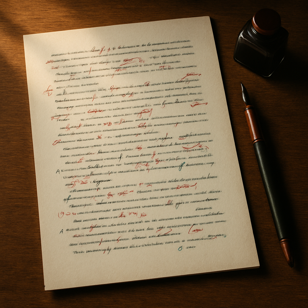 Prova editorial com marcações em vermelho e caneta vintage
