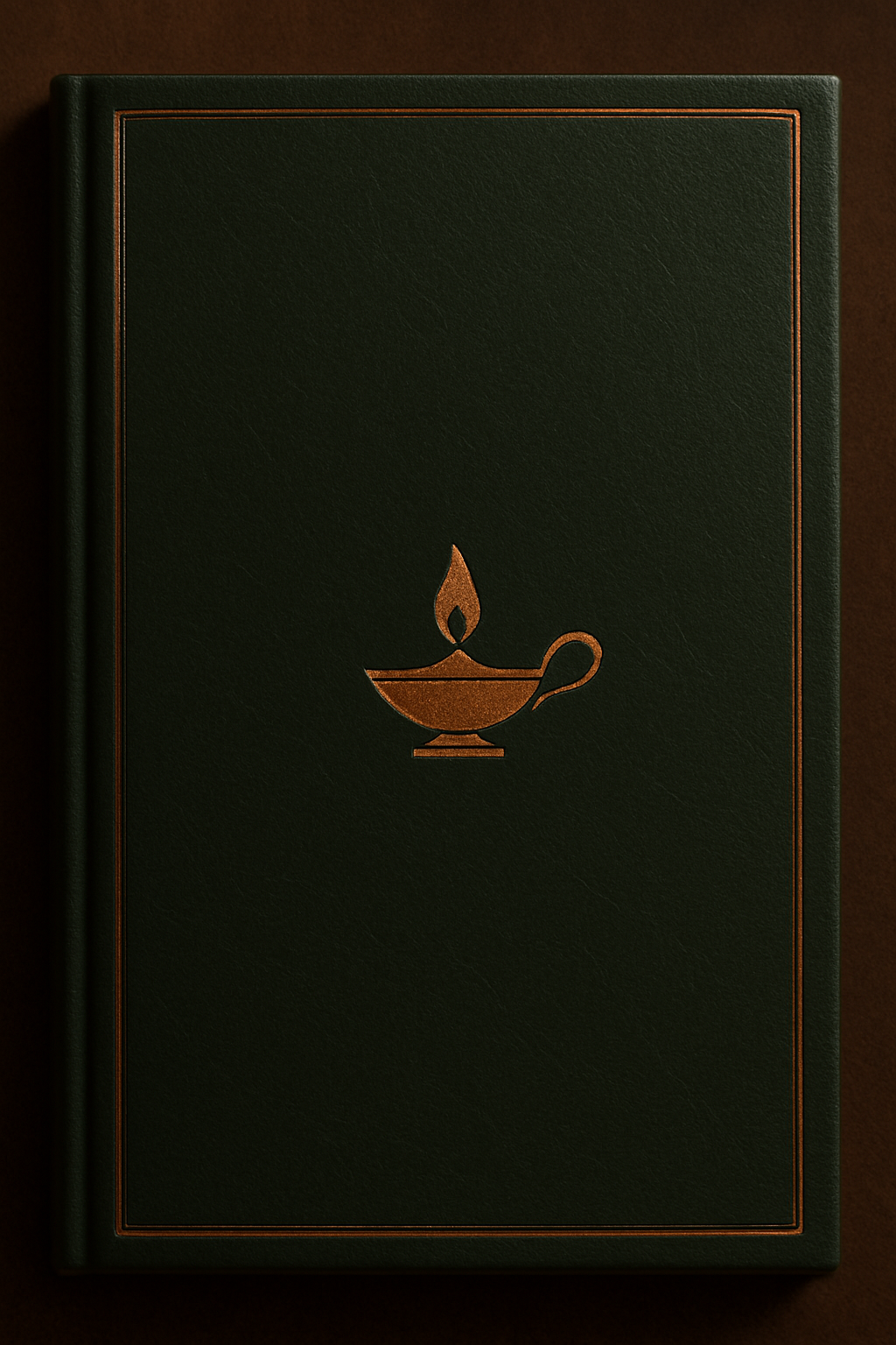 Capa conceitual em verde profundo com motivo de lamparina em cobre