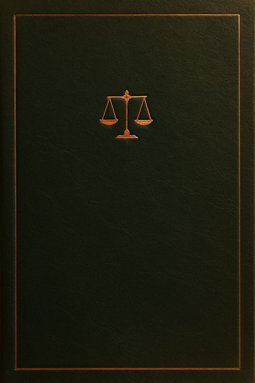 Capa conceitual em verde musgo com motivo de balança em cobre